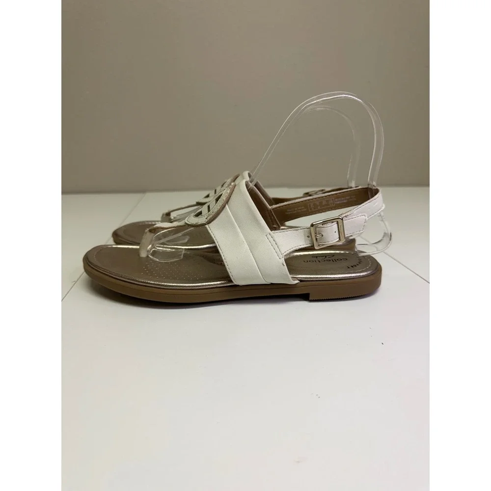 Clarks Collection Reyna White Glam T-strap Thong‎ Sandals Buckle Strap Sz 7